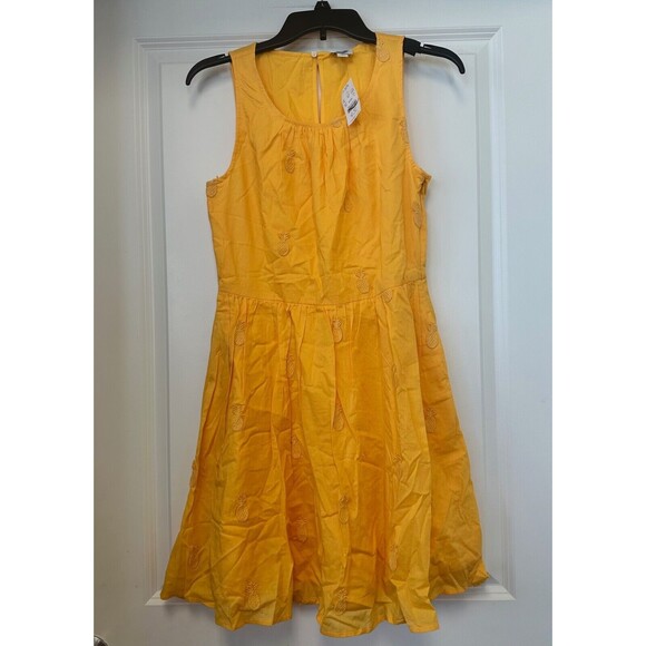 J Crew Mini Dress Size 0 Embroidered Pineapple Fit and Flare Yellow Cotton Lined - Picture 2 of 7